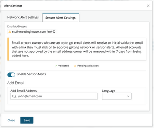 Configure Alert Settings Dialogue. The email address has a yellow caution sign because the user has not yet accepted the opt-in email.