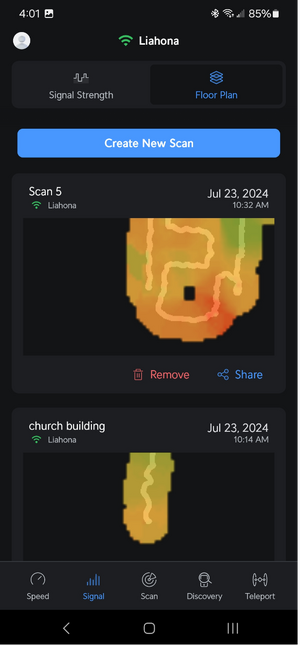 A screenshot displaying a list of previous scans with a button to create a new scan